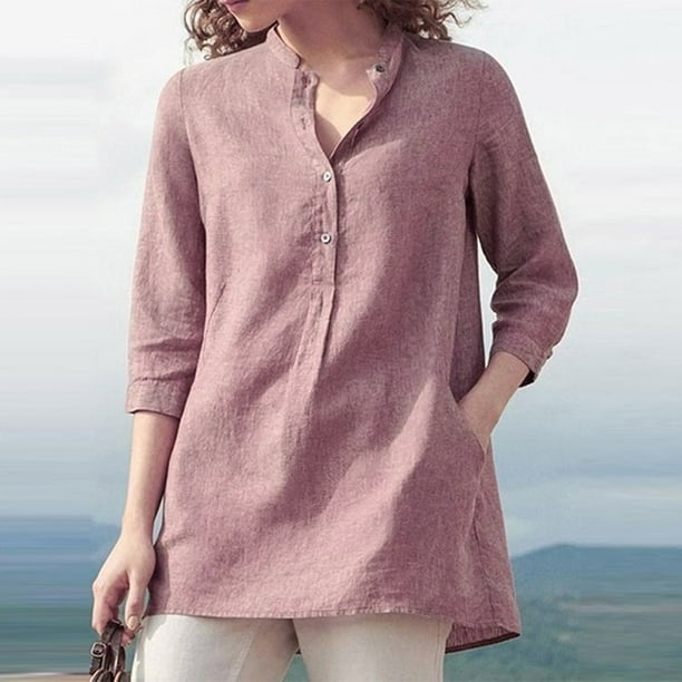 Sunhusing Women Solid Color Cotton Linen V-Neck Button Buckle Long-Sleeve Shirt Pocket Long Tunic Tops 